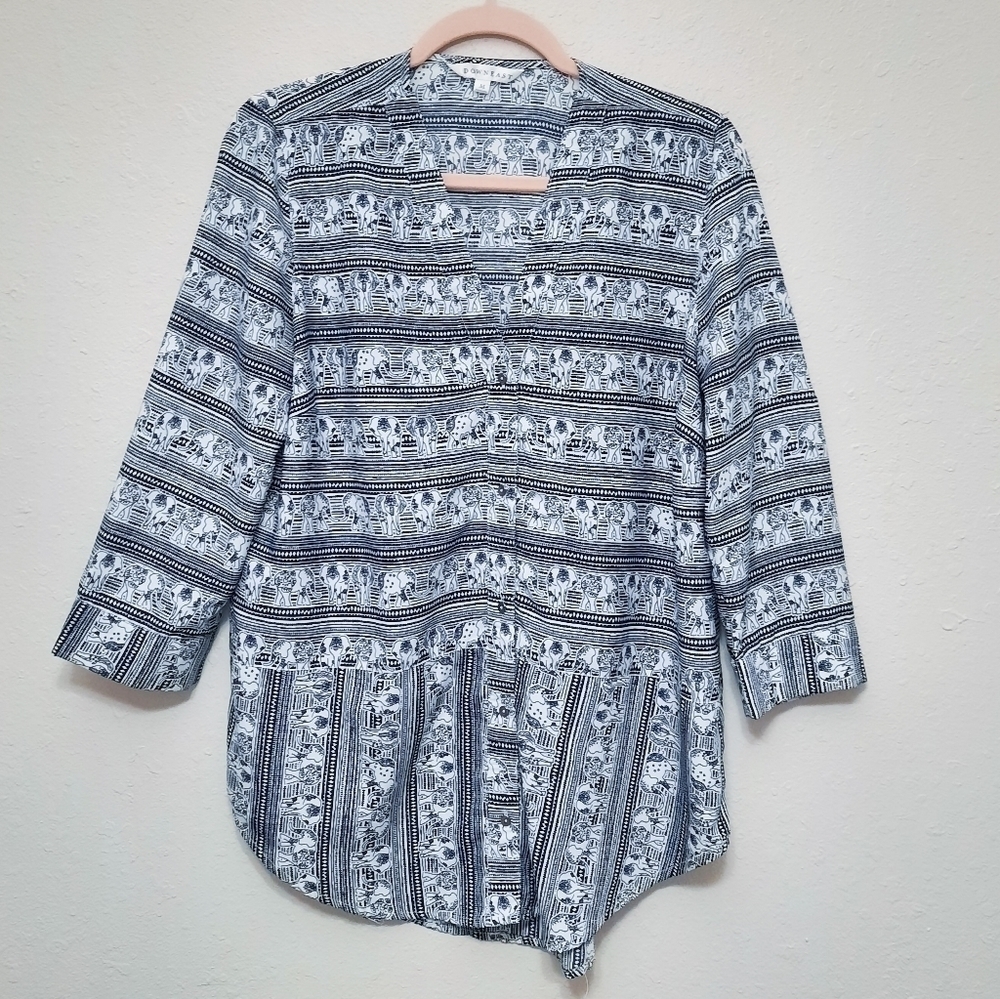 Downeast Blue & White Elephant Blouse M